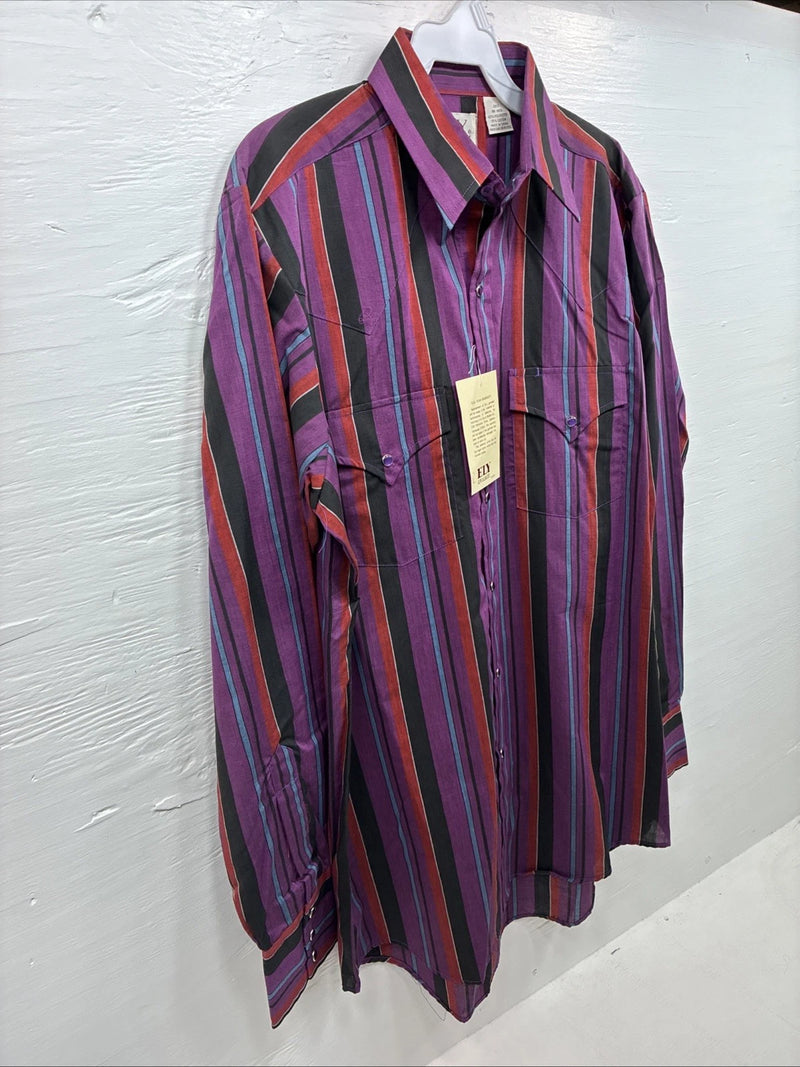 New Men’s ELY Cattleman Purple Stripe Long Sleeve Pearl Snap 15.5 Medium AA-112