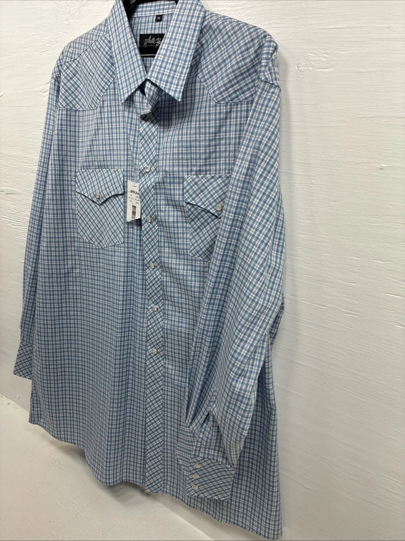 New Men’s White Horse Blue White Plaid Long Sleeve Pearl Snap XL R-71