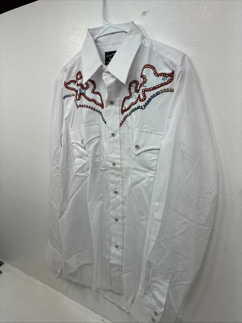 New Women’s Champion Western White Design Long Sleeve Pearl Snap 16 MM-42