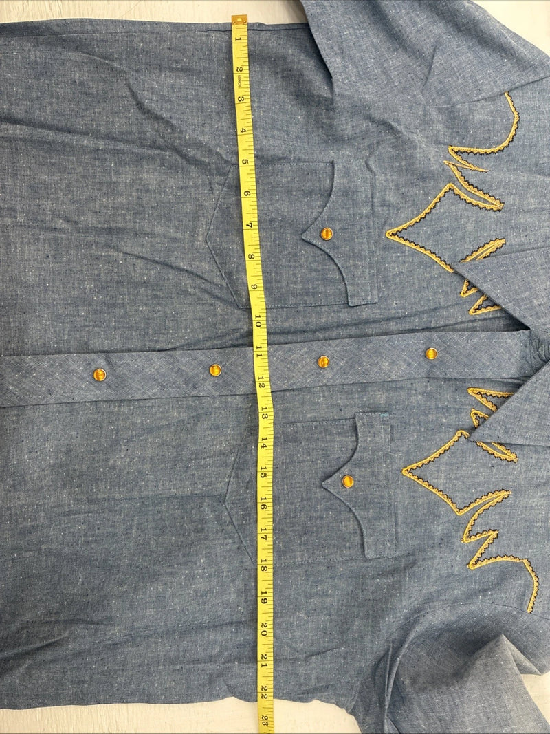 New Men’s Blue Jean Yellow Design Long Sleeve Pearl Snap 16.5 X 34 Large V-95