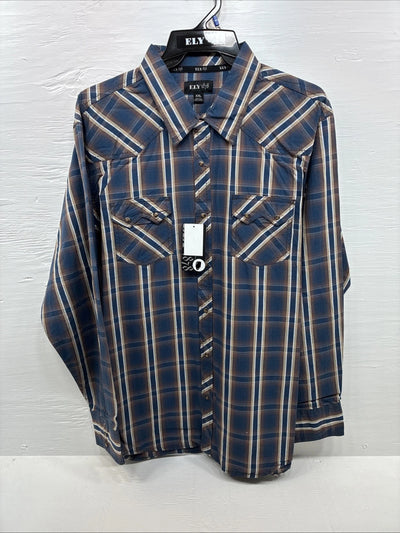 New men’s ELY 1878 Blue Flannel Long Sleeve Pearl Snap 2XL F-65