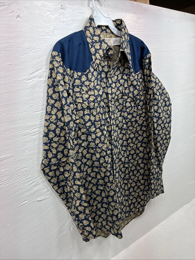 New Men’s Stockman Blue Brown Designed Long Sleeve Pearl Snap 15.5 Medium V-2