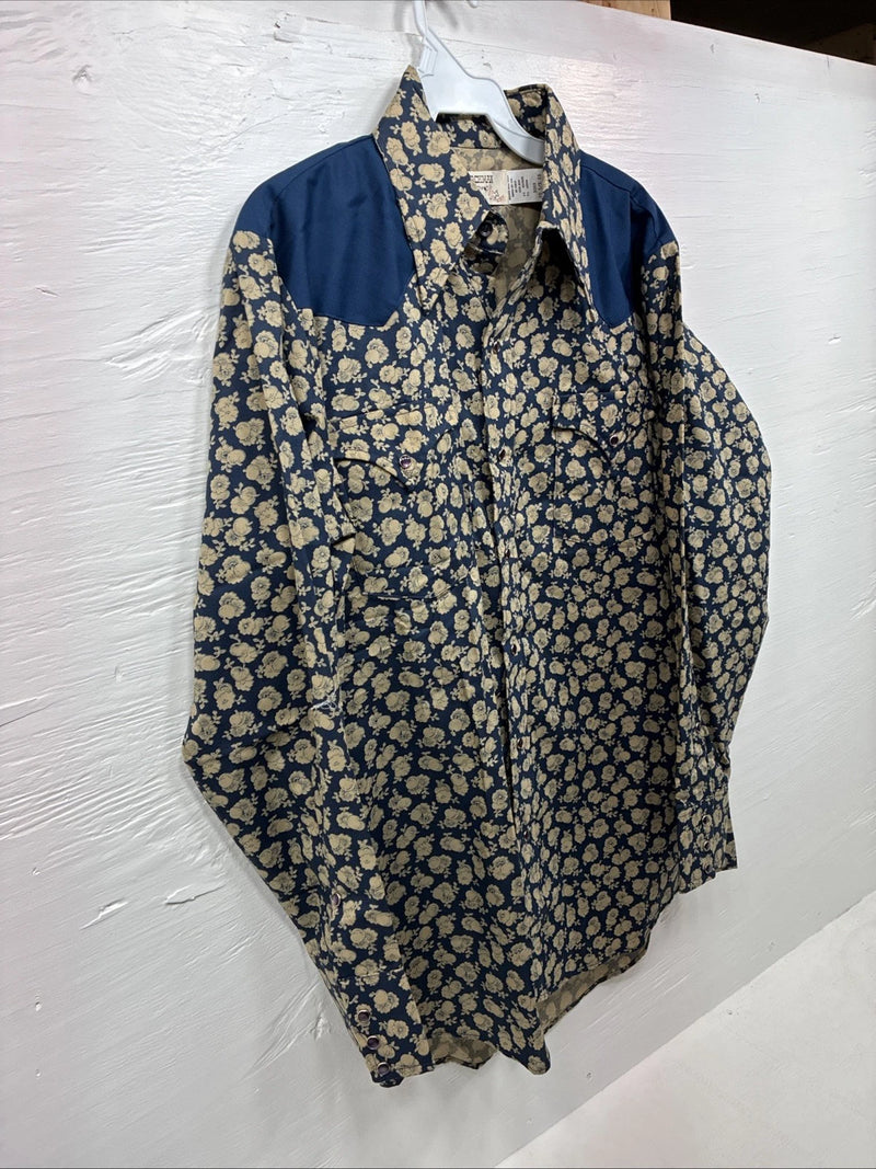 New Men’s Stockman Blue Brown Designed Long Sleeve Pearl Snap 15.5 Medium V-2