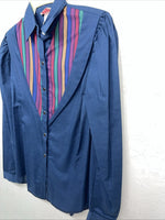 New Women’s HbarC California Ranchwear Navy Strip Long Sleeve Button Up 3B-83