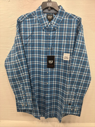 New Men’s ELY Cattleman Blue Yellow Plaid Long Sleeve Button Up XL R-53