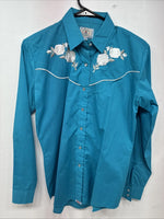 New Women’s Country Charmers Teal Rose Like Sleeve Pearl Snap Medium DD-143