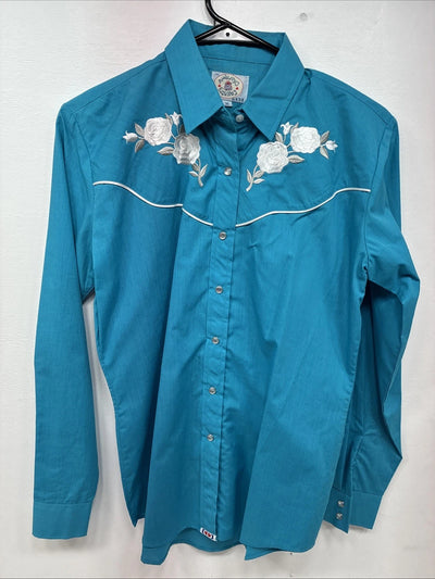 New Women’s Country Charmers Teal Rose Like Sleeve Pearl Snap Medium DD-143