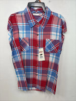 New Women’s Cumberland Red Blue Plaid short Sleeve Button Up Medium LL-51