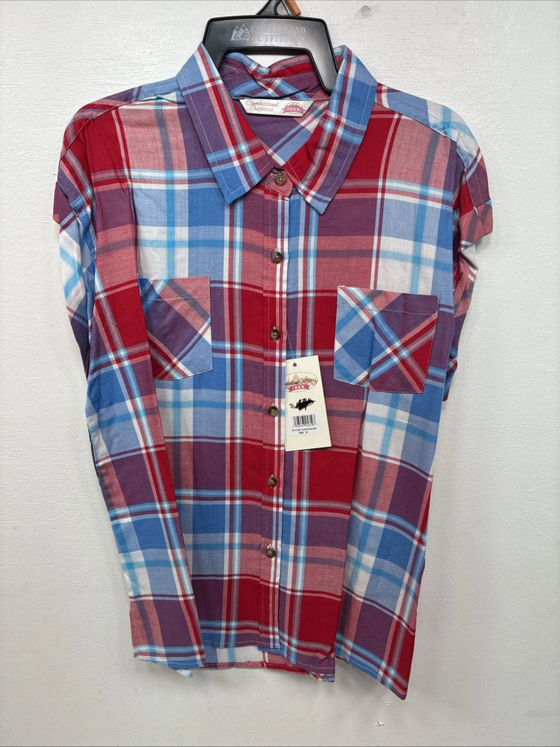 New Women’s Cumberland Red Blue Plaid short Sleeve Button Up Medium LL-51