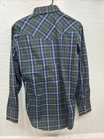 New Men’s ELY Plains Blue Green Plaid Long Sleeve Pearl Snap 15.5 Medium R-30