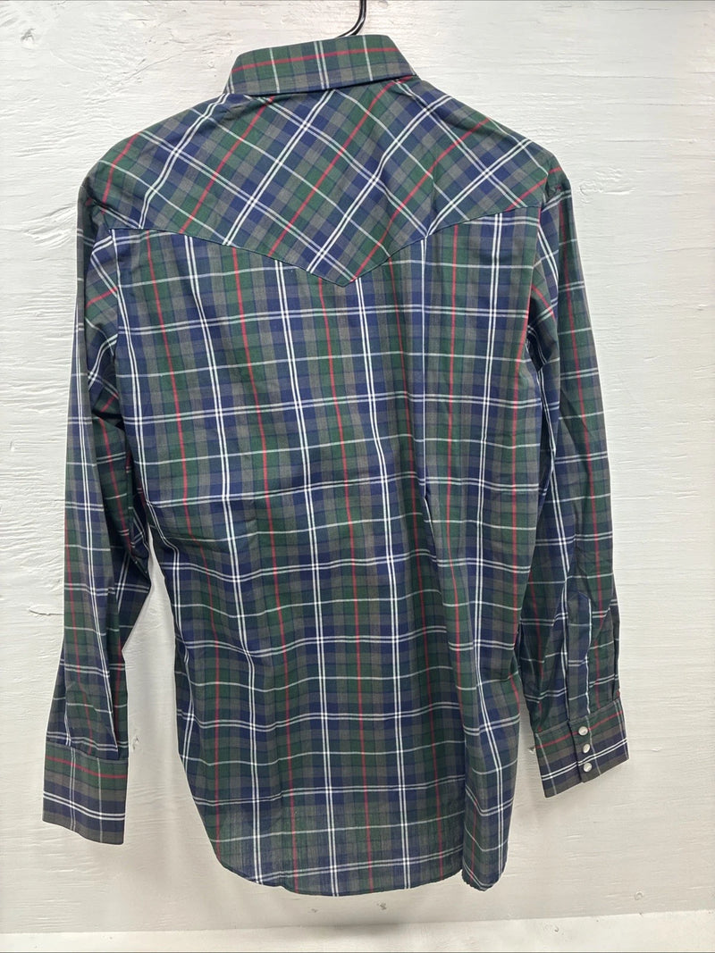 New Men’s ELY Plains Blue Green Plaid Long Sleeve Pearl Snap 15.5 Medium R-30