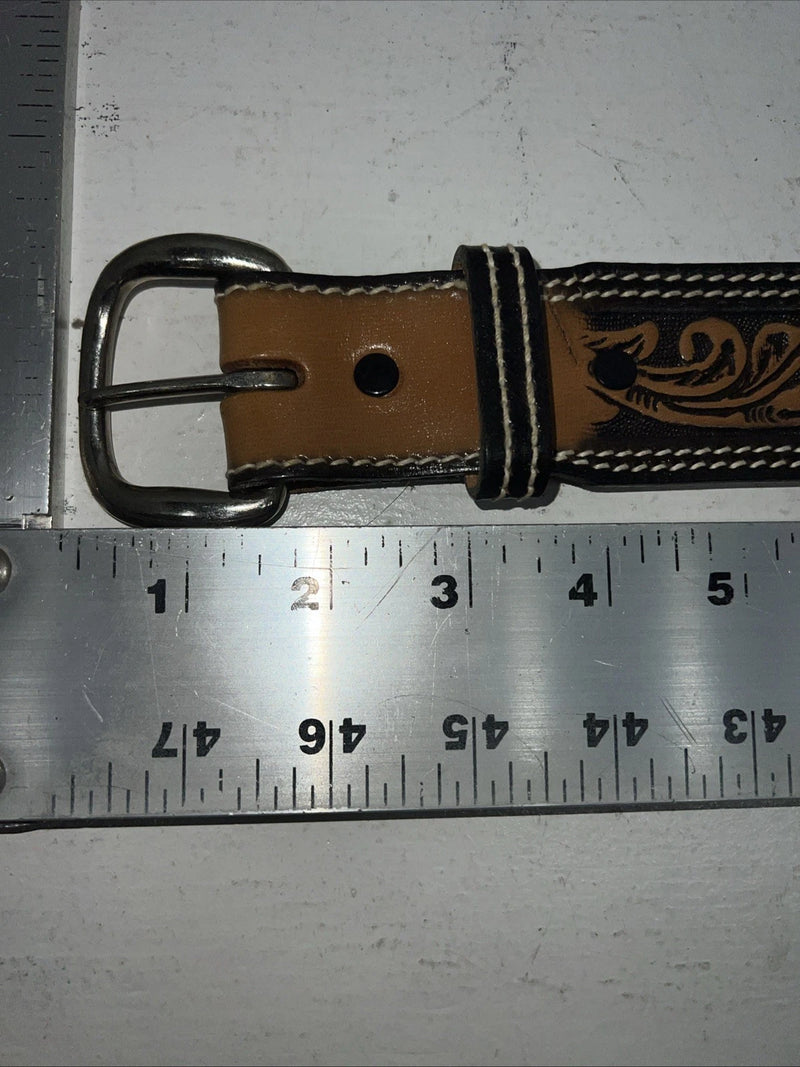 New Brown Black Perkies Hand Tooled Genuine Leather Belt 30” #7512 W-11