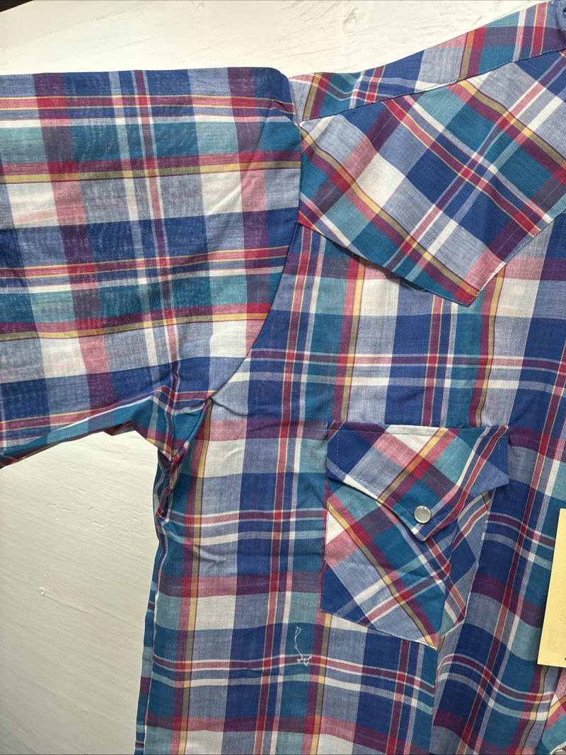 New Men’s ELY Cattleman Purple Multicolor Plaid Short Sleeve Pearl Snap XL R-54