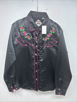 New Women’s Cumberland Black Floral Long Sleeve Pearl Snap Large KK-88