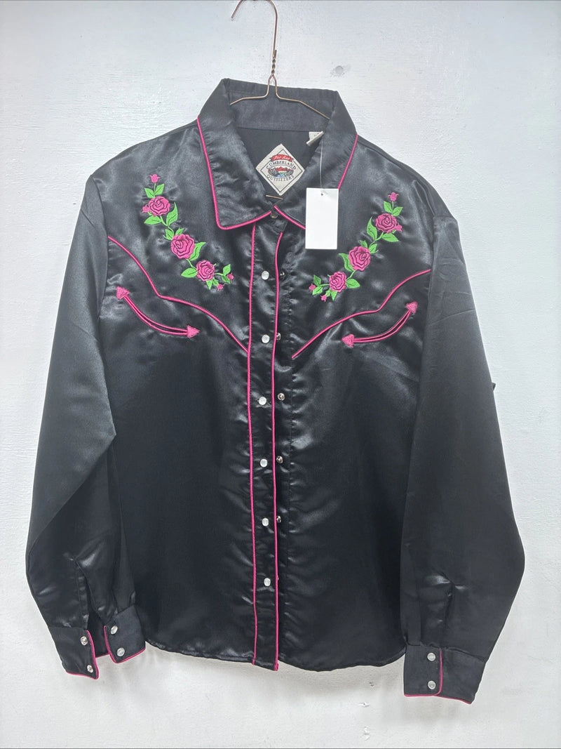 New Women’s Cumberland Black Floral Long Sleeve Pearl Snap Large KK-88