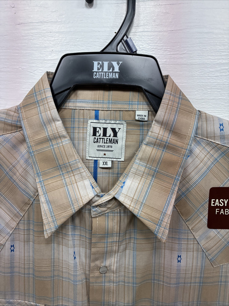 New Men’s ELY Cattleman Beige Flannel Design Long Sleeve Pearl Snap 2XL F-91