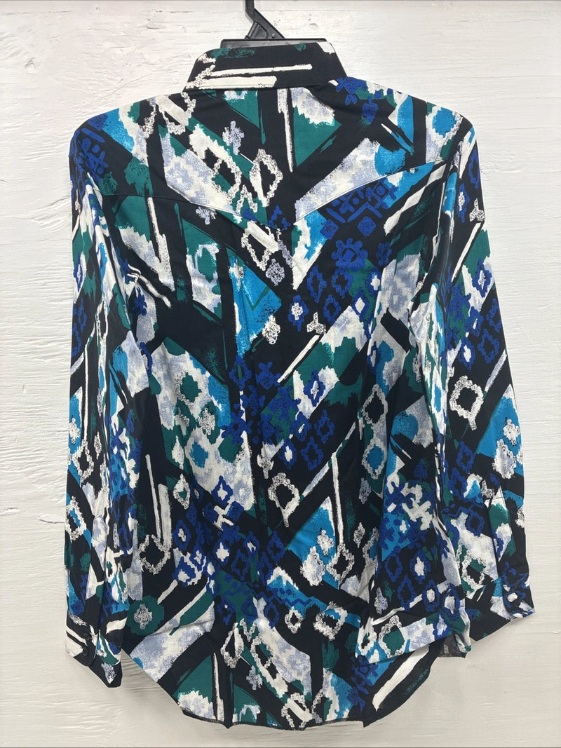 New Men’s Wrangler Black Blue Designed Long Sleeve Button Up 15.5 Medium V-87