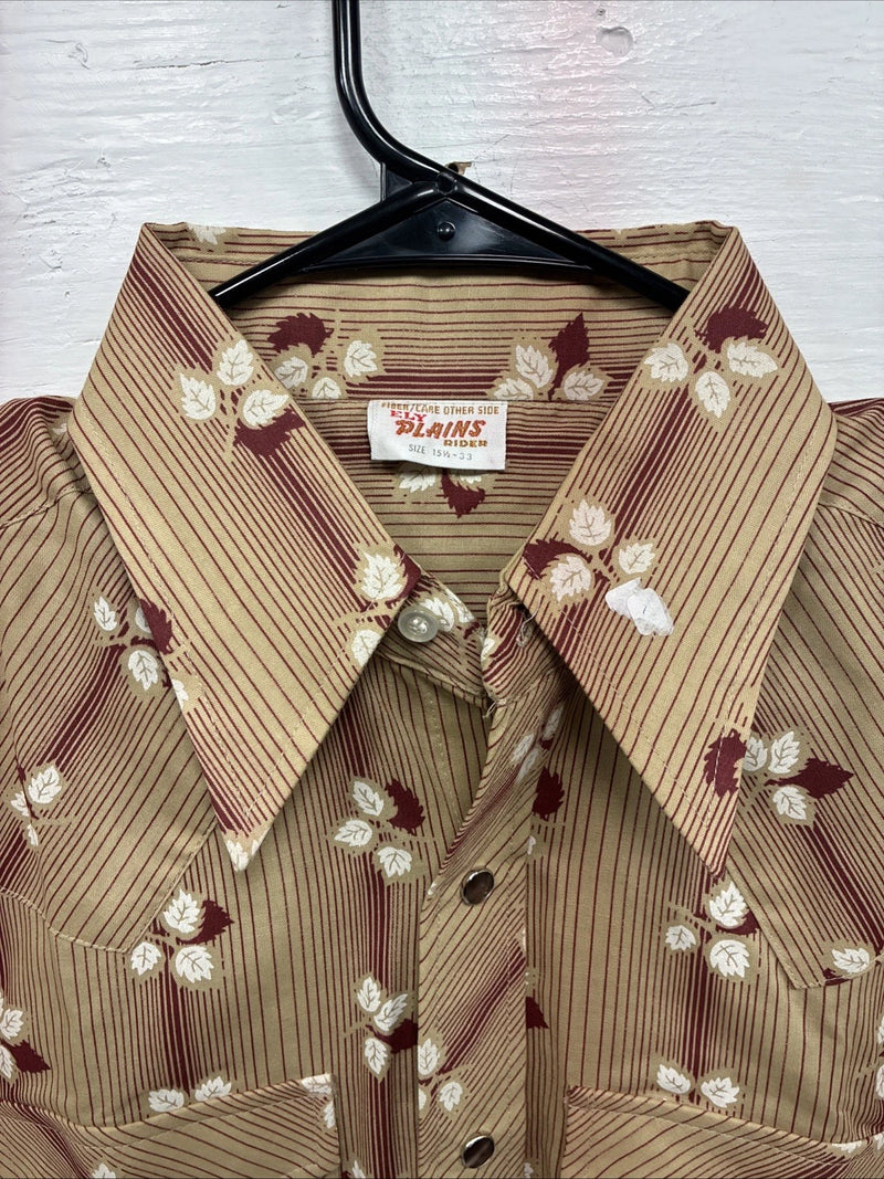 New Men’s ELY Plains Tan Red Floral Long Sleeve Pearl Snap 15.5 Medium X-109