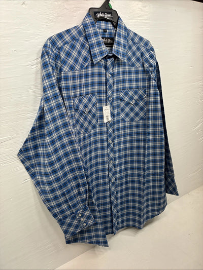 New Men’s White Horse Blue Plaid Long Sleeve Pearl Snap XL O-43