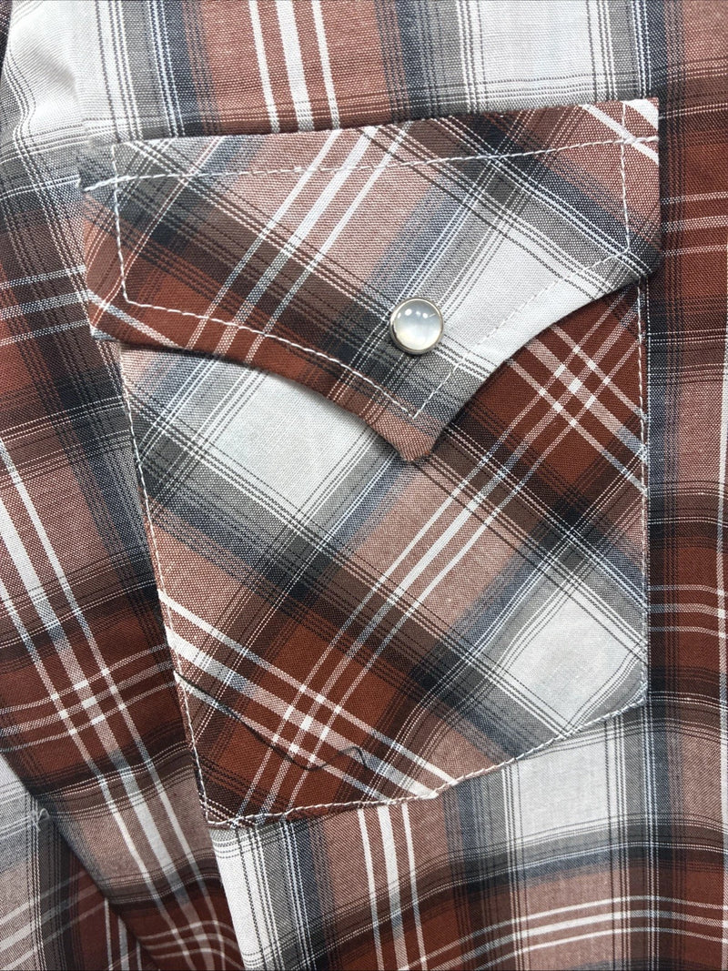 New Kids ELY Cattleman Orange Plaid Long Sleeve Pearl Snap Size 14 DD-38