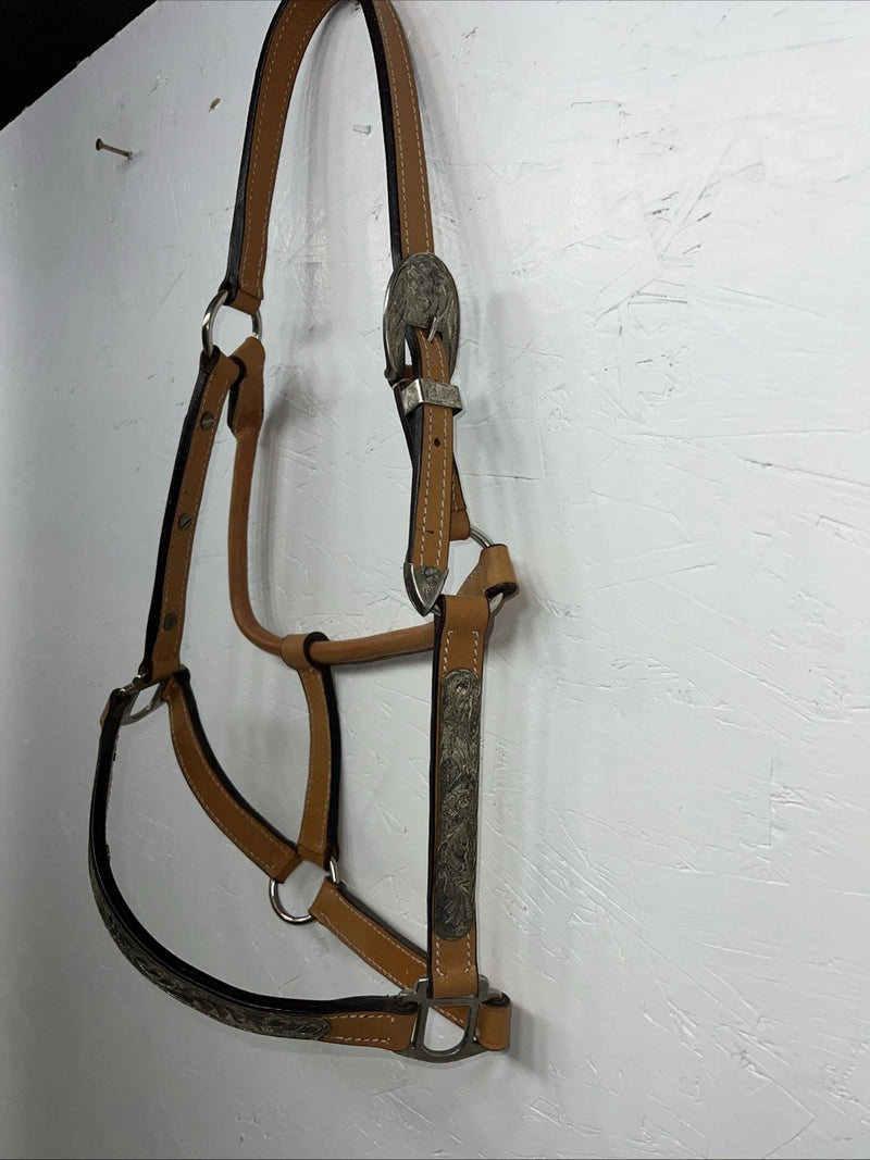 New Light Oil Genuine Leather Horse Halter With Metal Silver Plate W-21