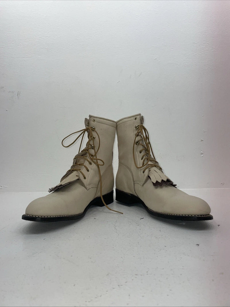 New Women’s Cream Lace Up Acme Cowboy Boots. 0814 10 M. 15-119