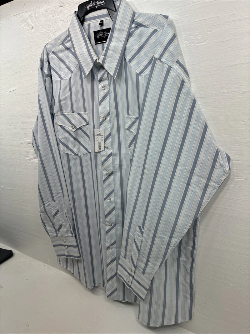 New Men’s White Horse Blue Striped Long Sleeve Pearl Snap 2XL H-45
