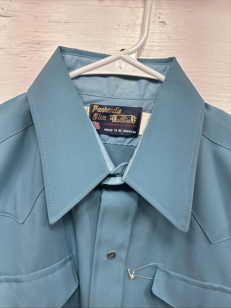 New Men’s Panhandle Slim Blue Simple Long Sleeve Pearl Snap 17 Large M-68