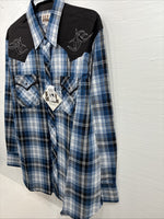 New Men’s ELY Cattleman Blue Black Flannel Long Sleeve Pearl Snap XL  H-64
