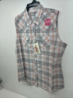 New Women’s Cumberland Pink Gray Plaid Short Sleeve Pearl Snap Large GG-77