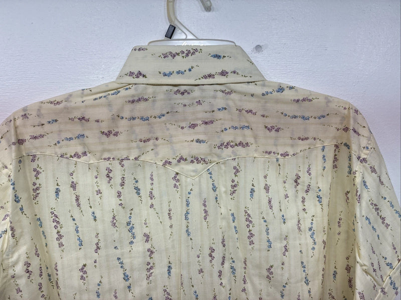 New Women’s White Horse Yellow Floral Short Sleeve Pearl Snap Large II-93