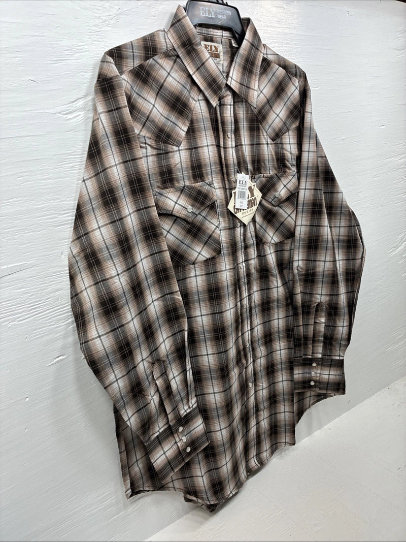 New Men’s ELY Cattleman Brown Plaid Long Sleeve Pearl Snap XL O-42