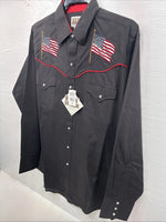 New Men’s ELY Cattleman Black Flag Design Long Sleeve Pearl Snap Large T-58