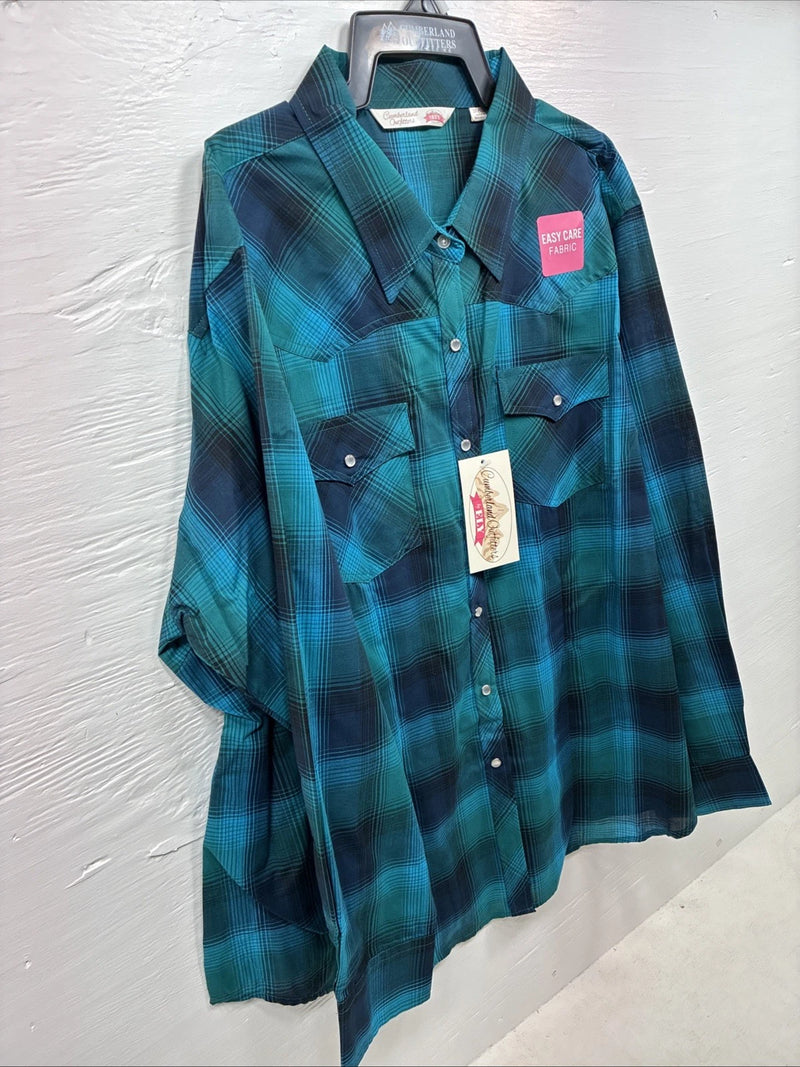 New Women’s Cumberland Blue Plaid Long Sleeve Pearl Snap 3XL Plus DD-15