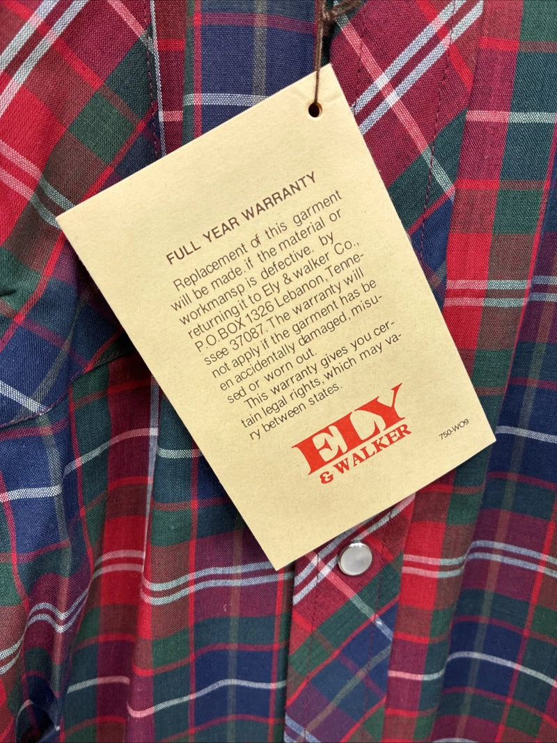 New Men’s ELY Plains Red Blue Plaid Long Sleeve Pearl Snap 16.5 Large Q-74