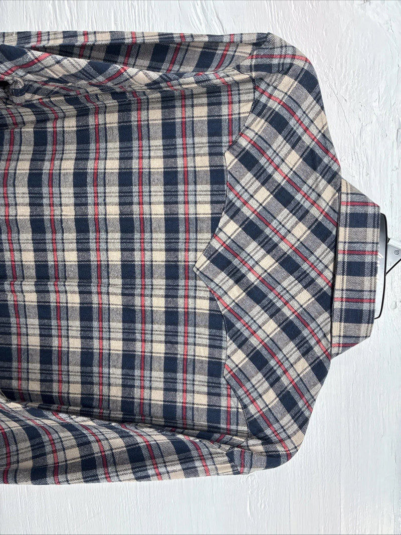 New Men’s White Horse Brown Blue Plaid Long Sleeve Pearl Snap Large Tall X-74