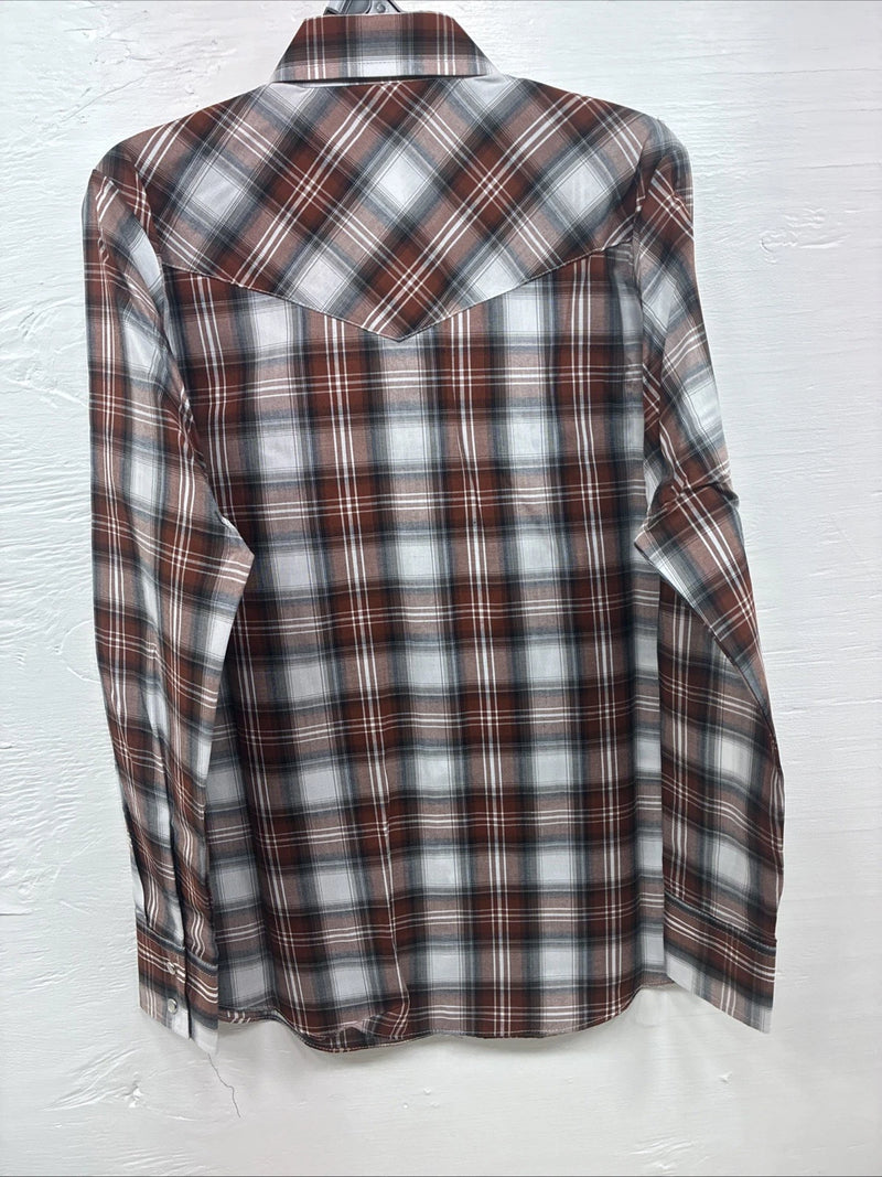 New Kids ELY Cattleman Orange Plaid Long Sleeve Pearl Snap Size 14 DD-38