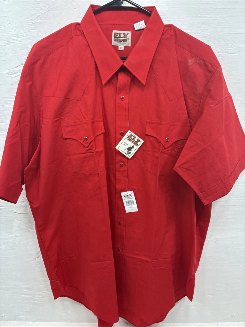 New Men’s ELY Cattleman Red Simple Short Sleeve Pearl Snap 18 2XL K-96