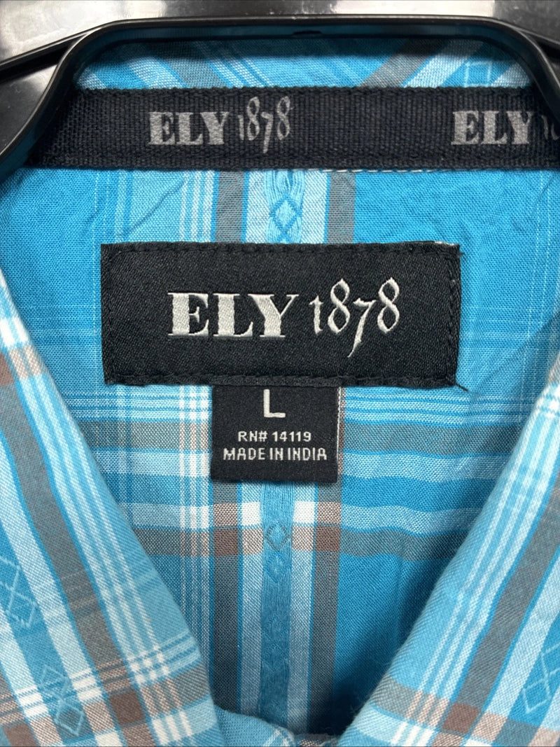 New Men’s ELY 1878 Blue Plaid Short Sleeve Pearl Snap Large X-32