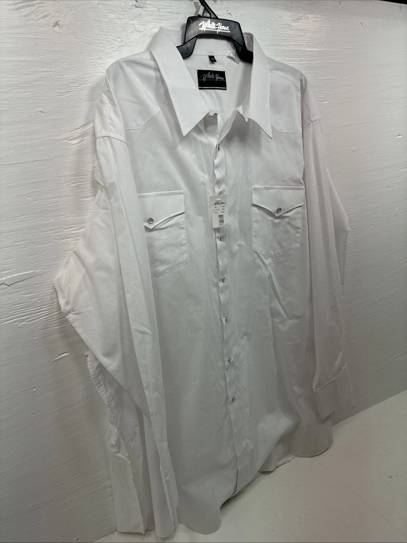 New Men’s White Horse White Long Sleeve Simple Pearl Snap 4XL J-48