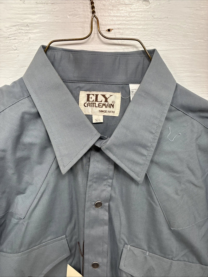 New Men’s ELY Cattleman Gray Short Sleeve Pearl Snap 16.5 Large AA-27
