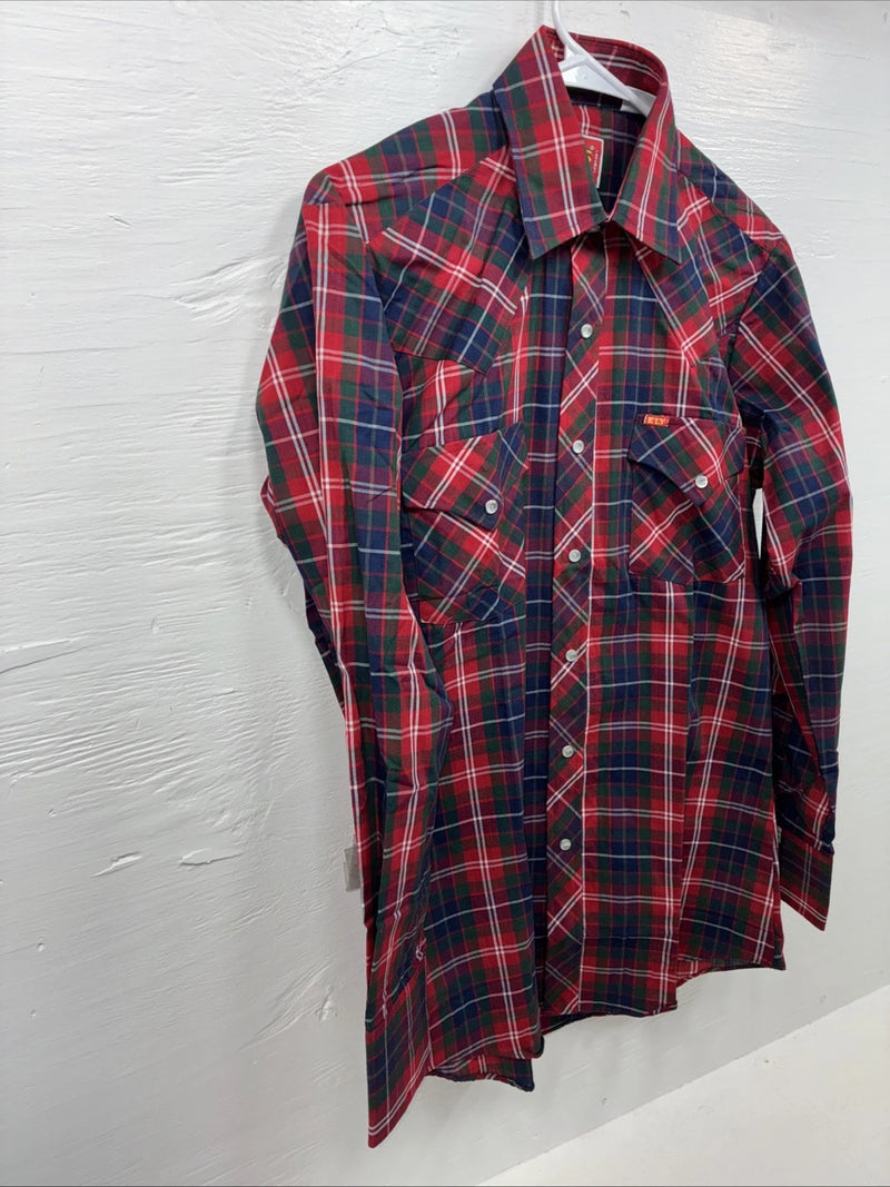 New Men’s ELY Plains Red Plaid Long Sleeve Pearl Snap 14.5 X 33 Small AA-92