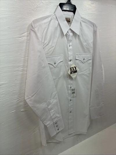 New Men’s ELY Cattleman Simple White Long Sleeve Pearl Snap 15.5 Medium K-56