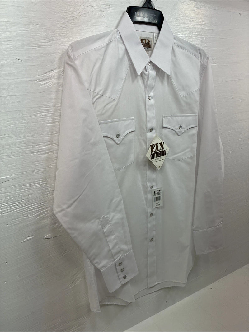 New Men’s ELY Cattleman Simple White Long Sleeve Pearl Snap 15.5 Medium K-56