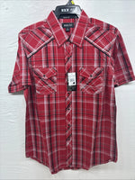 New Men’s ELY 1878 Red Black Plaid Short Sleeve Pearl Snap Large V-112