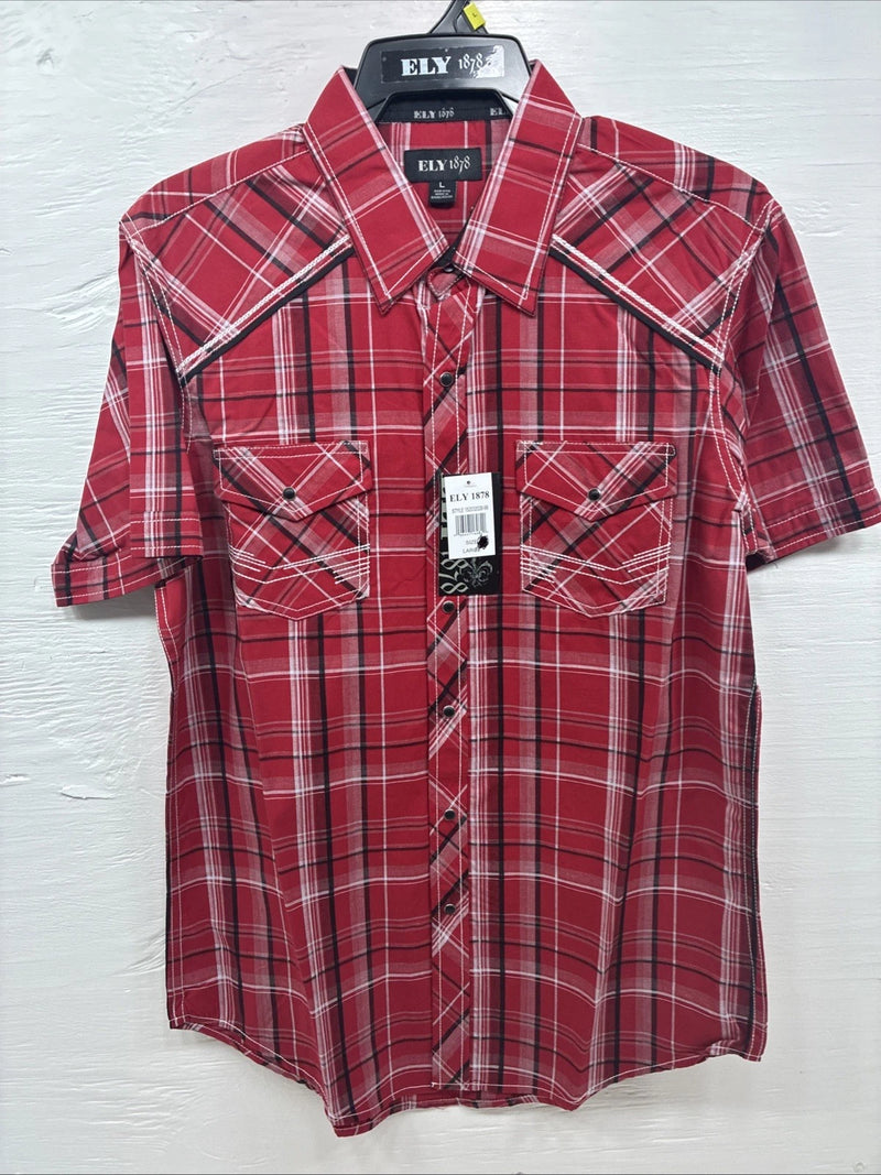 New Men’s ELY 1878 Red Black Plaid Short Sleeve Pearl Snap Large V-112