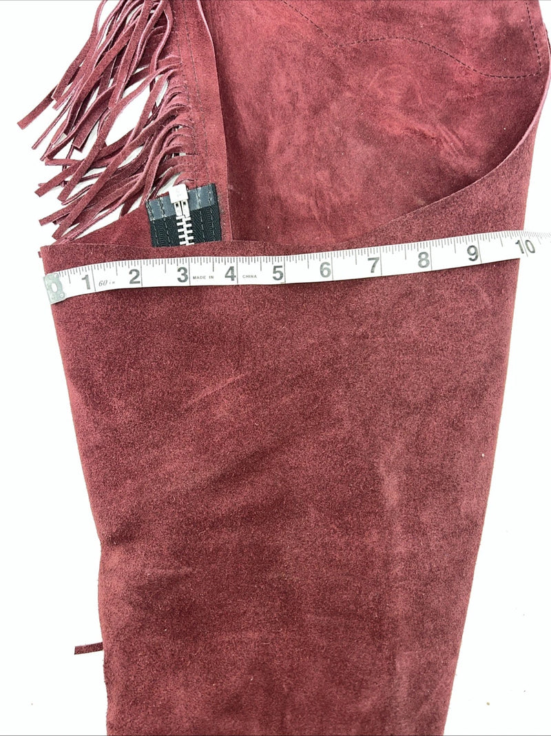 New Burgundy Congress Leather Show Chaps With Fringe Adjustable Waist 42” N-35