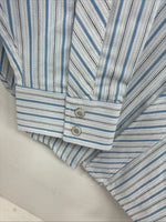 New Women’s White Horse Blue Stripe Long Sleeve Pearl Snap Large GG-74