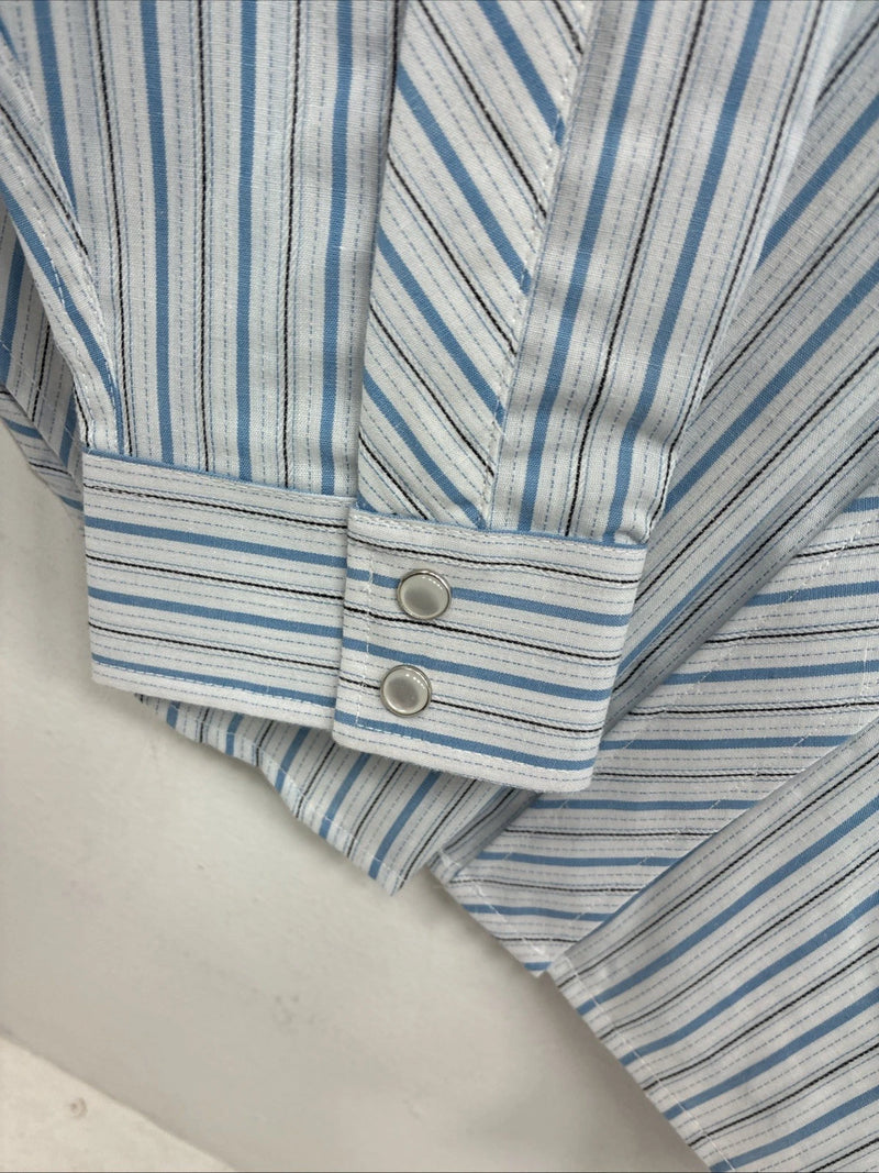 New Women’s White Horse Blue Stripe Long Sleeve Pearl Snap Large GG-74