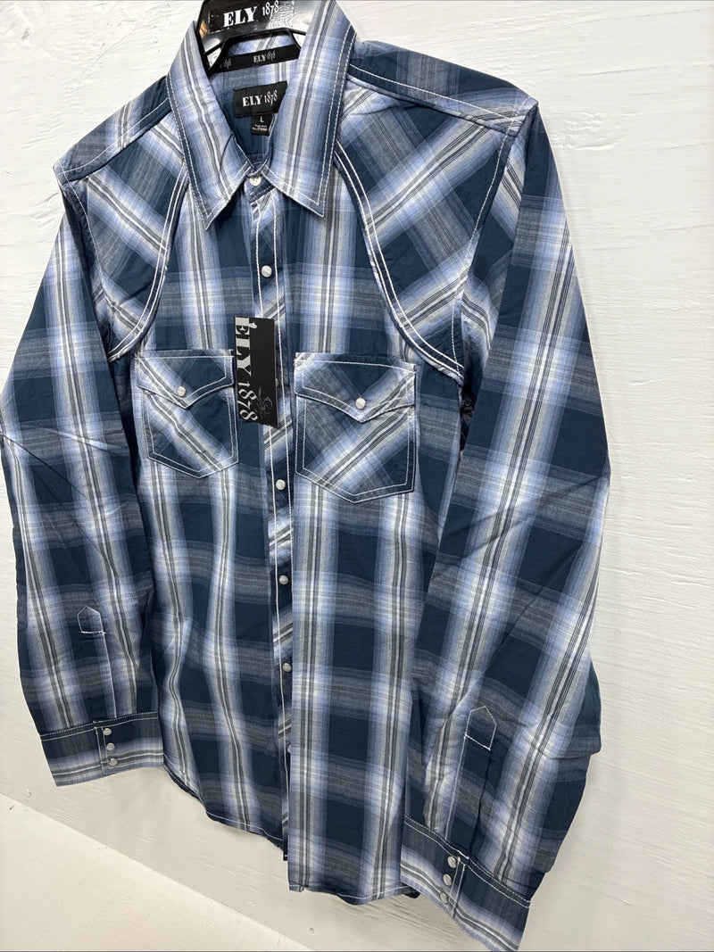 New Men’s ELY 1878 Blue Gray Plaid Long Sleeve Pearl Snap Large V-30 